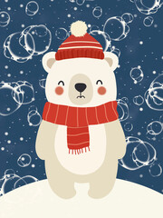 Cute Cartoon Polar Bear in Red Winter Clothes Standing in Blue Background with Bubbles and Snow. Adorable illustration ideal for winter themes, Christmas, New Year, bubble bath or washing themes.