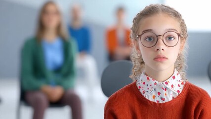 Young Girl's Gaze: A thoughtful young girl with spectacles gazes directly at the viewer. Surrounding her, individuals sit attentively in a modern setting.