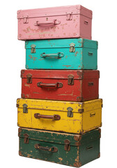 Five stacked distressed vintage trunks with worn leather, isolated on white, copy space, Concept of vintage travel.