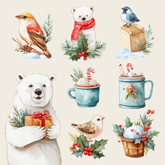 Watercolor Cute Christmas Bears Clipart Collection — Adorable Hand Painted Bears Holding Gifts, Festive Winter Characters, Cozy Holiday Illustrations on White Background
