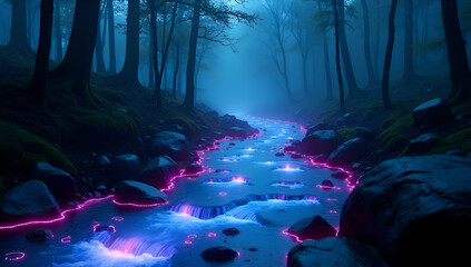 Glowing neon river flowing through a foggy, magical forest at night.