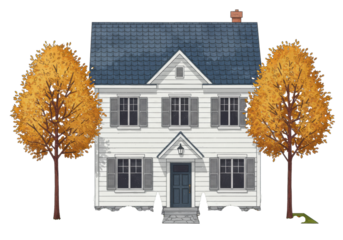 A two-story illustrated house with white siding, blue chevron roof, dark gray elements, shutters, autumnal trees, transparent background, soft lighting. Concept of an idyllic cozy home