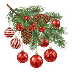 Christmas tree branch with ornaments and pinecones isolated on transparent background