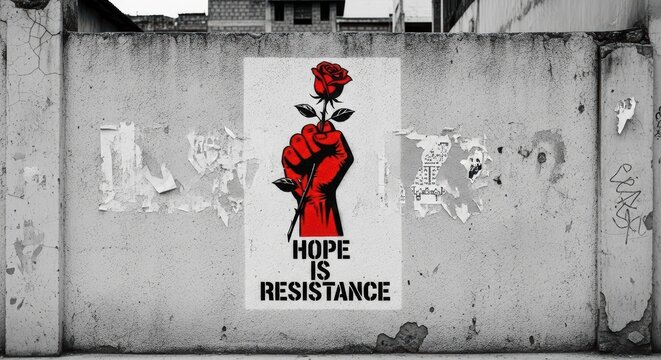 Red fist holding rose street art mural on urban wall