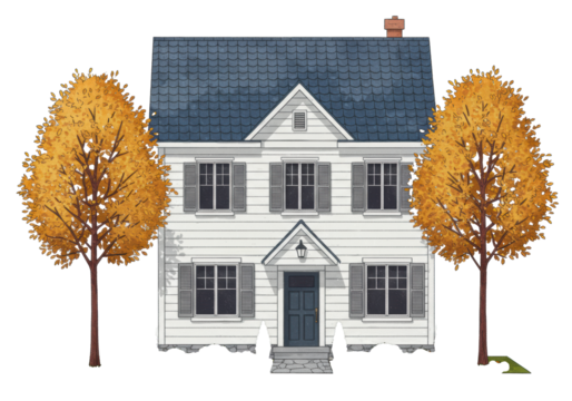A two-story illustrated house with white siding, blue chevron roof, dark gray elements, shutters, autumnal trees, transparent background, soft lighting. Concept of an idyllic cozy home