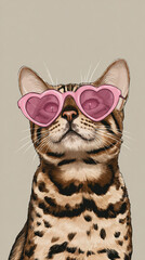 Cat wearing heart-shaped sunglasses poses confidently against a neutral background