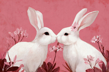 Two white rabbits sharing a kiss surrounded by flowers on a pink background