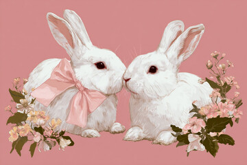 White rabbits with pink bow and flowers in a soft pink background during spring