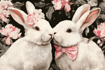 Two white rabbits in a sweet embrace surrounded by flowers