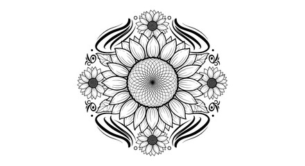 Intricate Black and White Floral Mandala Design Featuring Sunflowers and Swirls