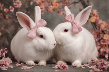 Two adorable bunnies with pink bows surrounded by flowers in a cozy setting