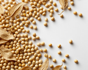 Yellow soybeans scattered with dried leaves on clean surface near natural light