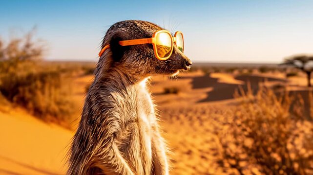A meerkat standing alertly on a sand dune in the desert, sporting stylish sunglasses and goggles perched atop its head, exudes confidence and coolness, embodying the concept of being prepared.