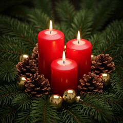 Three Bright Red Candles Amongst Green Pine Needles And Pine Cones With Gold Ornaments