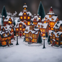 Charming Miniature Village Illuminated During a Winter Snowfall