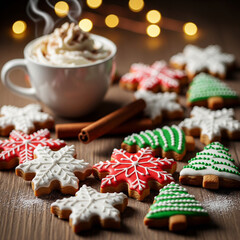 Festive Holiday Cookies and Warm Beverage on Wooden Table