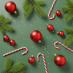 Festive Christmas Holiday Decorations Featuring Red Ornaments and Candy Canes Amidst Evergreen Branches