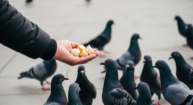 Hand feeding pigeons in urban setting