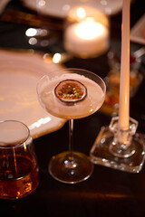 Exotic Pornstar Martini with Passion Fruit Slice. Delicious and Tropical Cocktail