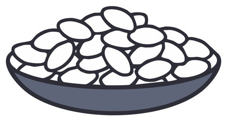 Stylized illustration of many white oval beans or pulses in a gray serving bowl food graphic element