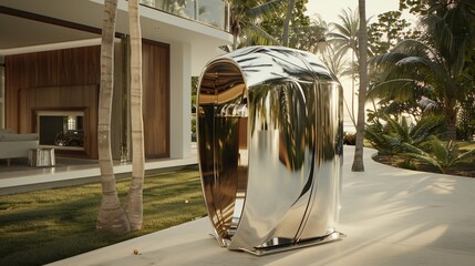 Shiny futuristic pod reflects exterior in front of a modern house, palms in soft focus