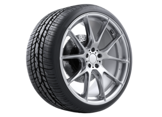 High-quality, professional photograph of a car wheel and tire on a transparent background