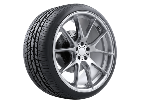 High-quality, professional photograph of a car wheel and tire on a transparent background