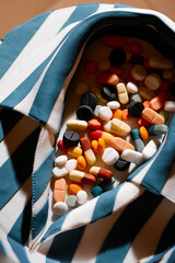 Easter cake with chocolate glaze decorating with pills