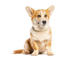 Adorable welsh corgi pembroke sitting and looking up on white background