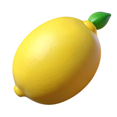 Bright yellow lemon with green leaf 3D render of a citrus fruit isolated on white background
