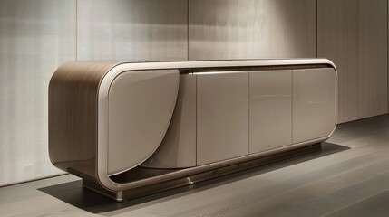 Sleek, modern credenza with a curved wooden top, glossy doors, and a minimalist design