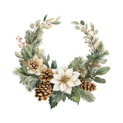 Fototapeta premium Festive floral wreath with pinecones and greenery for seasonal decor in winter