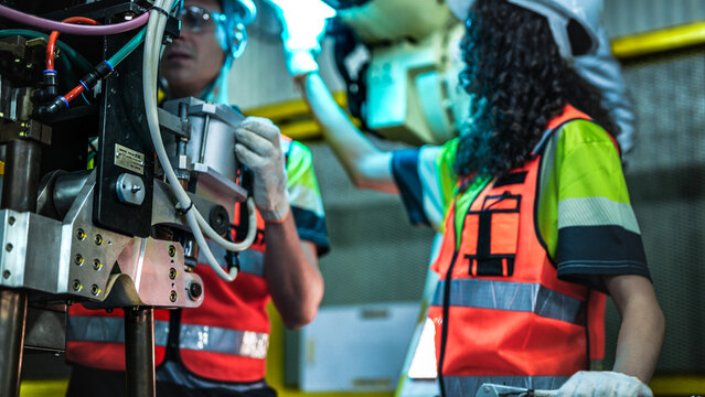 Two engineers represent the future of work, using artificial intelligence and robotics to optimize production. They are innovating for the high tech manufacturing supply chain.