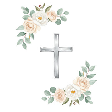 Radiant silver cross, golden frame, delicate white peonies, cream roses, eucalyptus in elegant watercolor on transparent background, sacred celebration concept