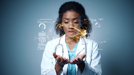 Black doctor's hands hold augmented reality overlay in a futuristic medical setting. For healthcare concepts - Powered by Adobe