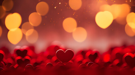 Red hearts with bokeh lights — romantic Valentine’s Day background. Bright red heart shapes on blurred golden lights — love and romance concept