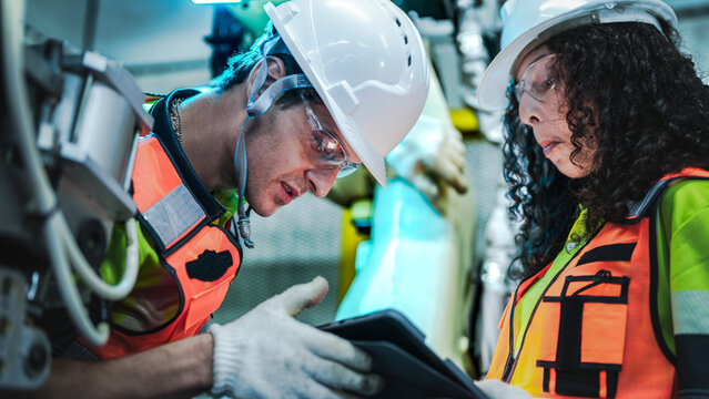 A focused male and female engineer in hard hats and safety vests collaborate in a smart factory. They are looking at a tablet, working on a high tech robotic arm.