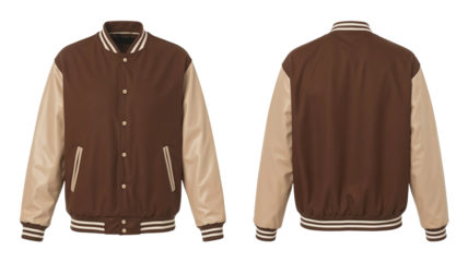 Brown baseball bomber varsity jacket in front and back view, mockup isolated on transparent background