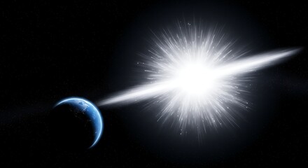 Artistic depiction of Earth alongside a burst of energy in a dark, star-filled space