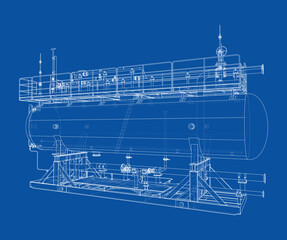 Industrial Tank Blueprint on Blue. Vector