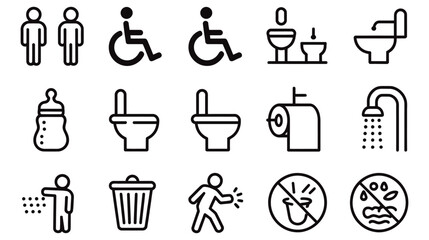 Essential restroom and hygiene icons for clean living and accessibility showcasing toilet, shower, trash, disabled access, and baby care, perfect for signage and informational graphics