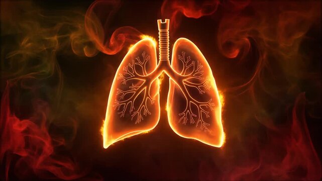 Human lungs glowing in fiery style, dark background, dramatic lighting, medical concept animation, high detail, cinematic 4K healthcare visualization.