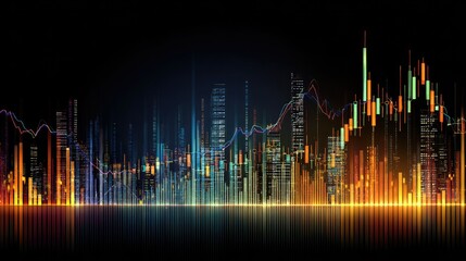 Colorful Abstract Cityscape at Night with Financial Data Graphic