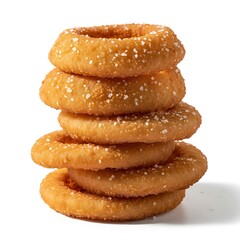 Golden crispy onion rings stacked high ready to eat delicious snack food