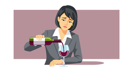 A stressed Asian businesswoman pours herself a glass of wine, showcasing the pressures and burnout she's experiencing in her demanding work life.