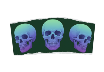 Eerie trio of gradient skulls emerging from a torn backdrop on transparant canvas