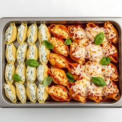 Deliciously prepared stuffed pasta shells and appetizers ready to serve on a metal tray