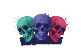 A trio of vibrantly colored skulls presented in a striking graphic illustration transparant backdrop