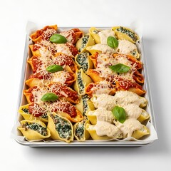 Delicious baked pasta shells loaded with savory fillings and topped with cheese and fresh basil