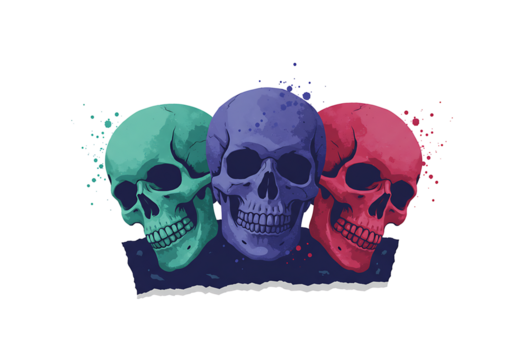 A trio of vibrantly colored skulls presented in a striking graphic illustration transparant backdrop